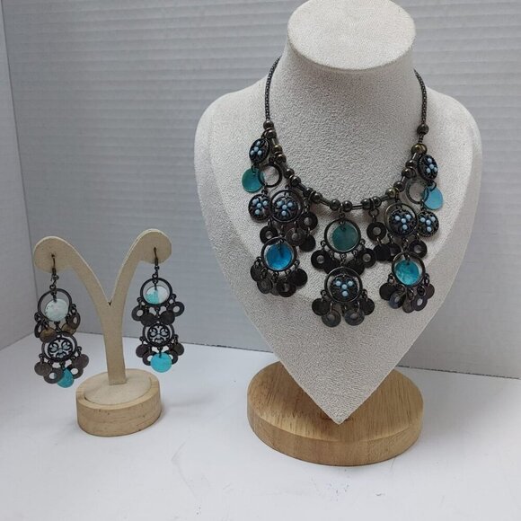 5/$100 Southwestern Style Jewelry Set Blue Faux Pearl Drop Necklace & Earrings - Picture 7 of 9